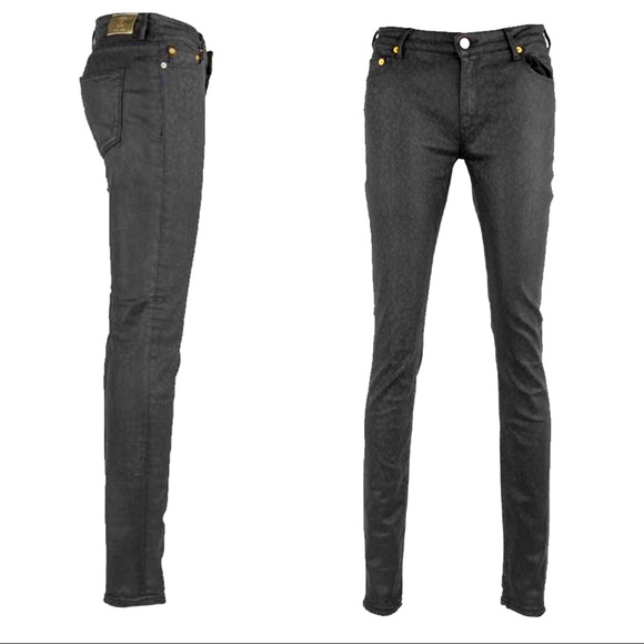 Roberto Cavalli black waxed leopard skinny jeans